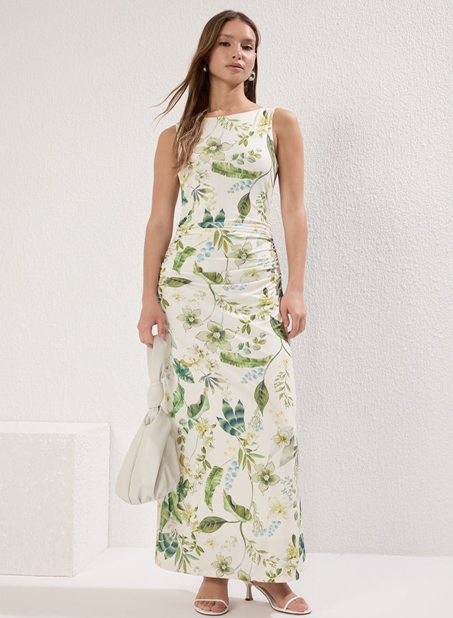 trendyol Stretchy Knitted Pencil Dress with Bright Surface  Ecru Floral Print, Boat Rock Body Sitting - Image 1