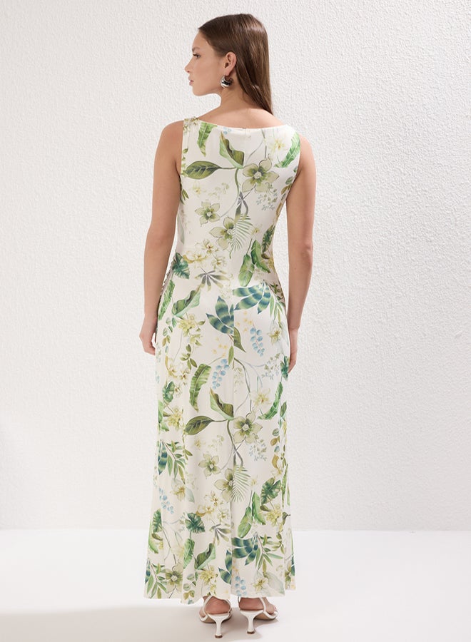 trendyol Stretchy Knitted Pencil Dress with Bright Surface  Ecru Floral Print, Boat Rock Body Sitting - Image 4