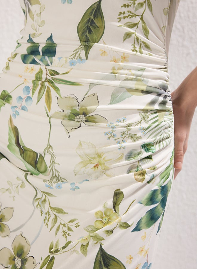 trendyol Stretchy Knitted Pencil Dress with Bright Surface  Ecru Floral Print, Boat Rock Body Sitting - Image 3