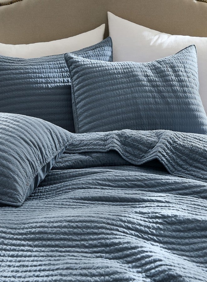 WDCOZY 100% Cotton Oversized King Size Quilt Set - Dusty Blue California Cal King Striped Pick Stitch Soft Lightweight Bedspread, Textured Like Linen, Farmhouse Country Rustic Coverlet, 3 Pieces - Image 2