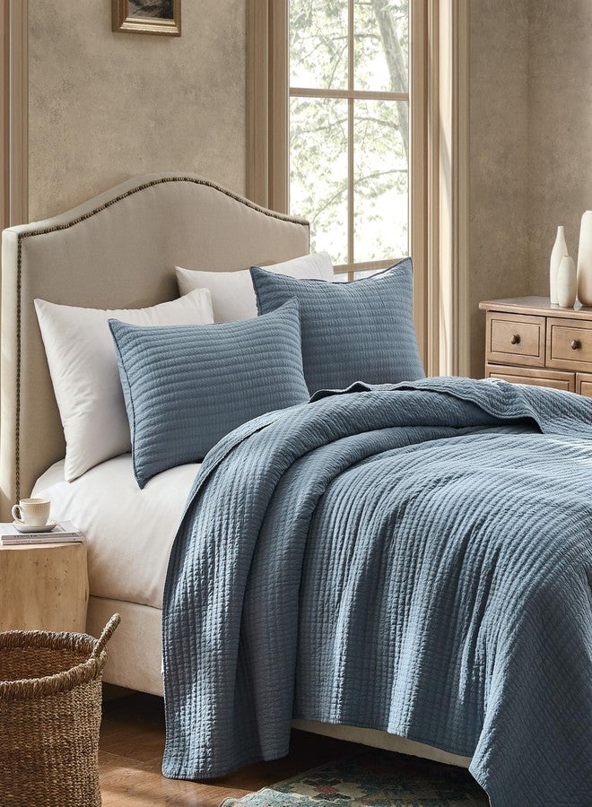 WDCOZY 100% Cotton Oversized King Size Quilt Set - Dusty Blue California Cal King Striped Pick Stitch Soft Lightweight Bedspread, Textured Like Linen, Farmhouse Country Rustic Coverlet, 3 Pieces - Image 4
