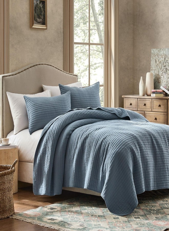 WDCOZY 100% Cotton Oversized King Size Quilt Set - Dusty Blue California Cal King Striped Pick Stitch Soft Lightweight Bedspread, Textured Like Linen, Farmhouse Country Rustic Coverlet, 3 Pieces - Image 5