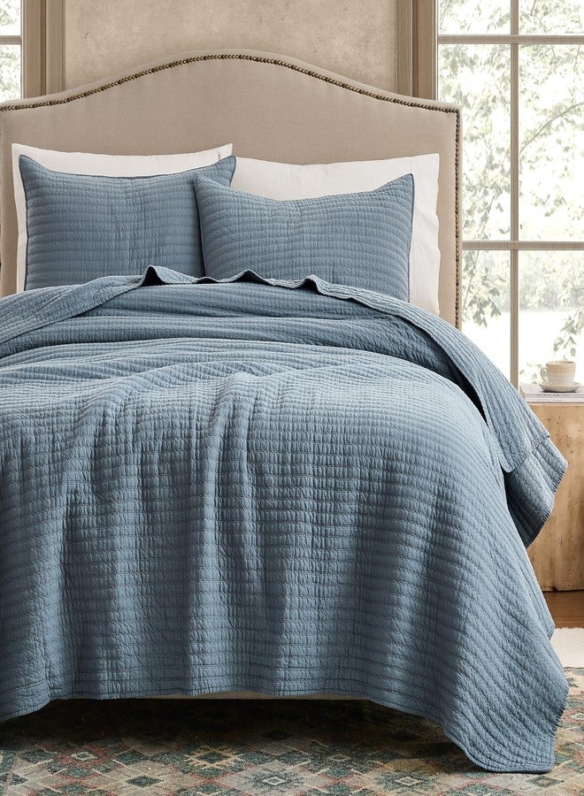 WDCOZY 100% Cotton Oversized King Size Quilt Set - Dusty Blue California Cal King Striped Pick Stitch Soft Lightweight Bedspread, Textured Like Linen, Farmhouse Country Rustic Coverlet, 3 Pieces - Image 1