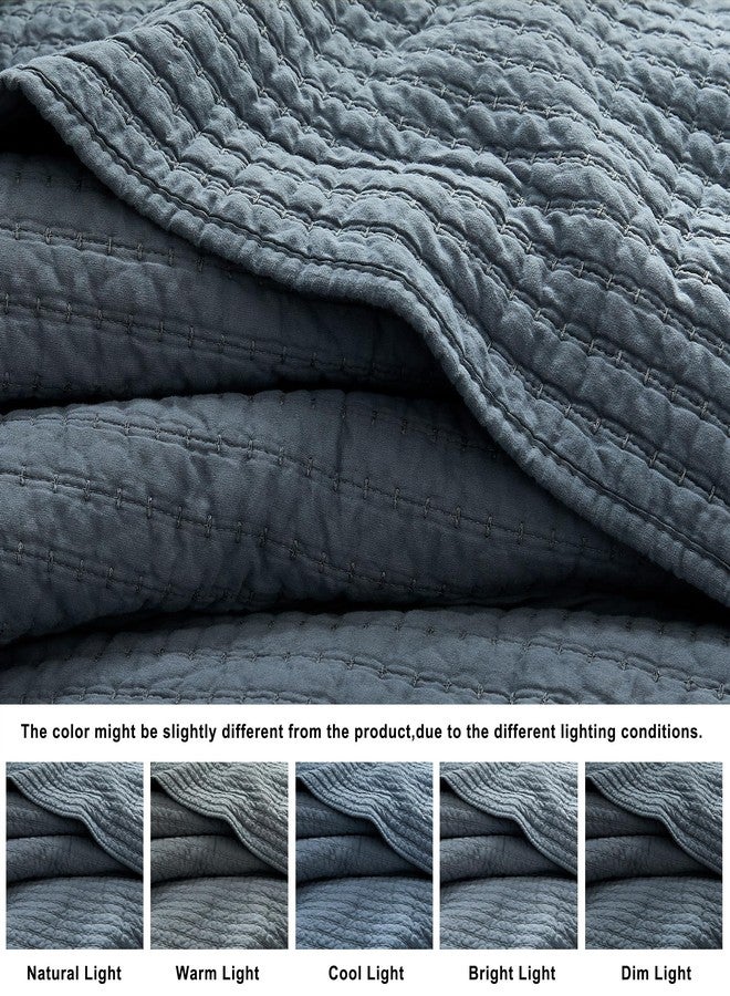 WDCOZY 100% Cotton Oversized King Size Quilt Set - Dusty Blue California Cal King Striped Pick Stitch Soft Lightweight Bedspread, Textured Like Linen, Farmhouse Country Rustic Coverlet, 3 Pieces - Image 3