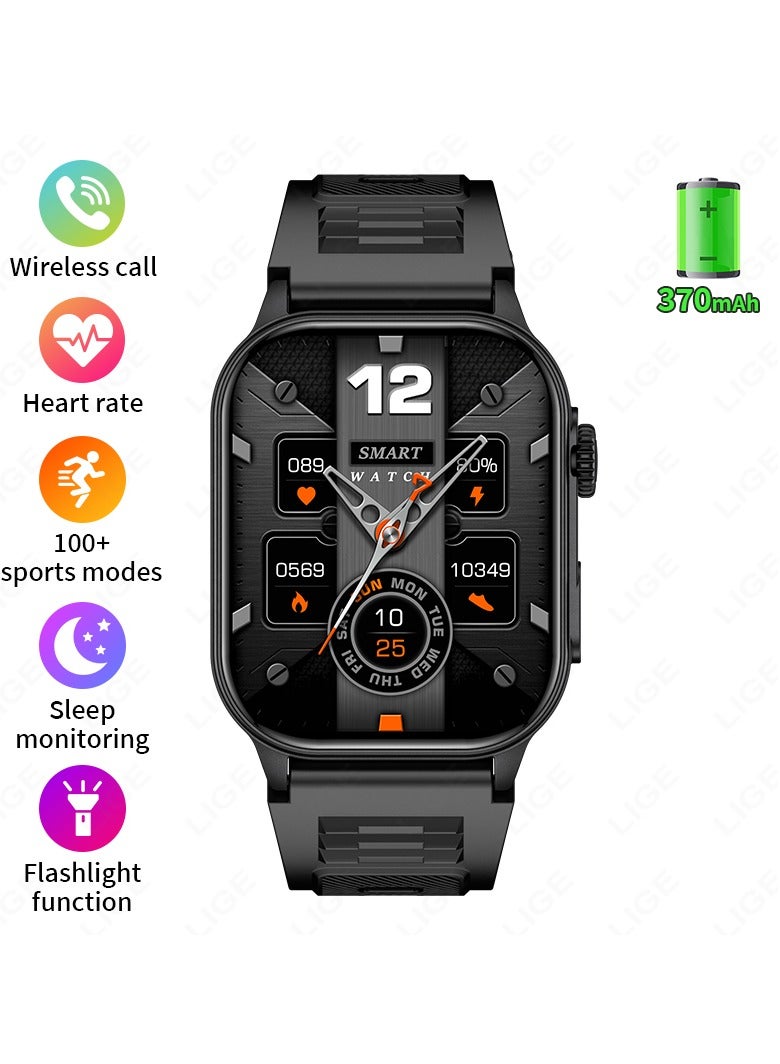 LIGE New Smart Watch for Men Outdoor Sports LED Flashlight 2.01" HD Large Screen with Big Battery Bluetooth Call AI Voice Waterproof Silicone Black Strap - Image 1