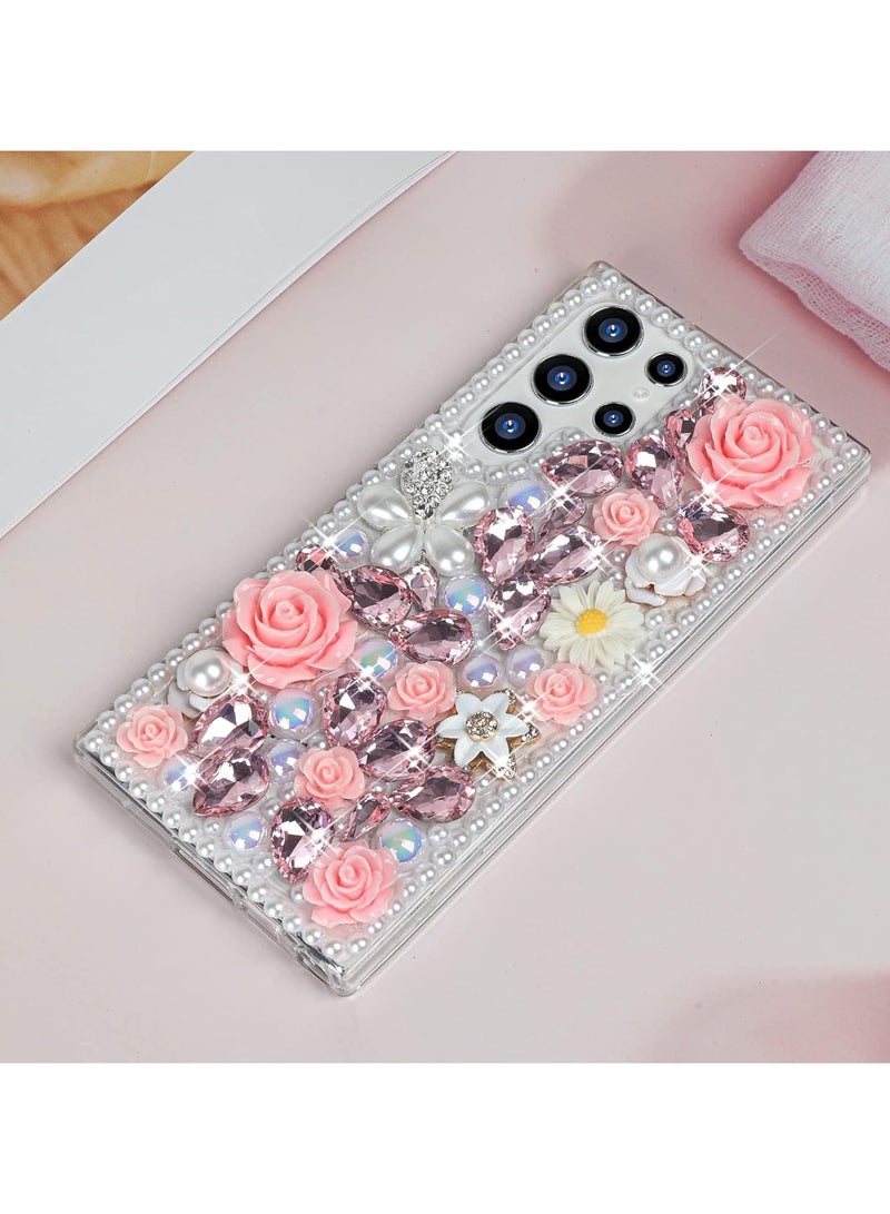 عام حافظة Galaxy S24 Ultra باللون الذهبي مع حزام، تتميز باللمعان والكريستال البراق مع تصميم مرصع بالماس والورد واللؤلؤ، وتأتي بتصميم ناعم يحمي الهاتف. - Image 3