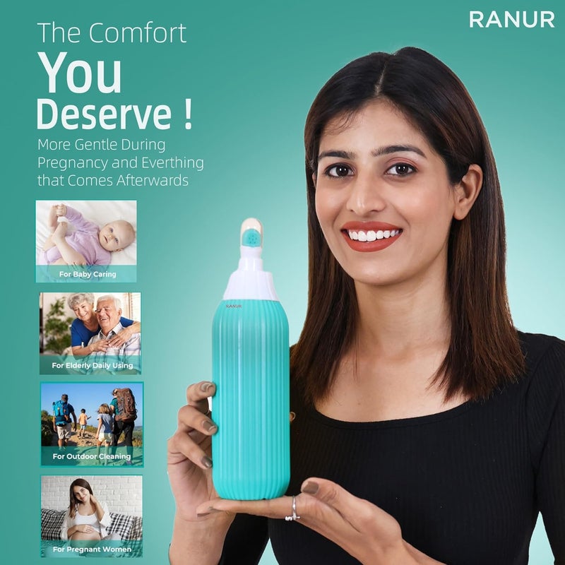 RANUR Air Lock Portable Bidet Spray for Toilet Travel Bidet Handheld Hand Spray Bottle 2 Angled Nozzle Postpartum Perineal Cleaning Childbirth Hygiene Outdoor Camping Green 500 ML with Valve - Image 3