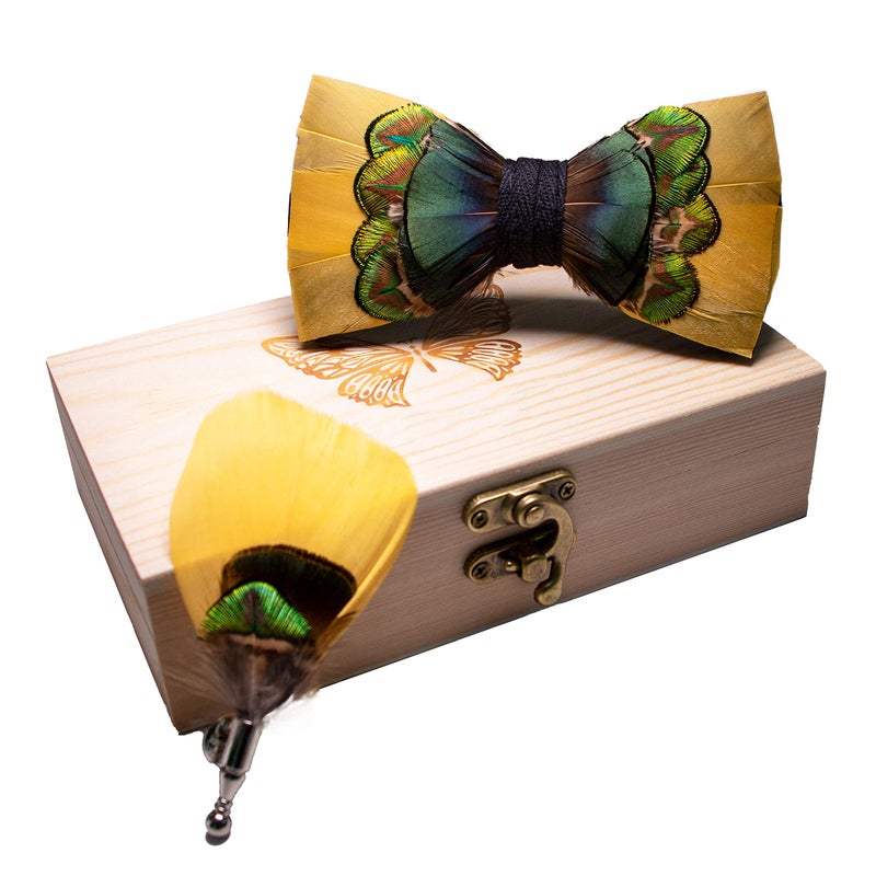 RBOCOTT Handmade Feather Pre-tied Yellow Bow tie and Brooch Sets for Men (15) - Image 2