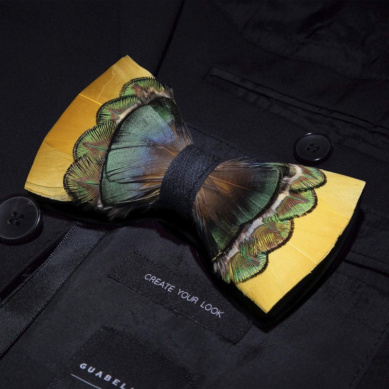 RBOCOTT Handmade Feather Pre-tied Yellow Bow tie and Brooch Sets for Men (15) - Image 4