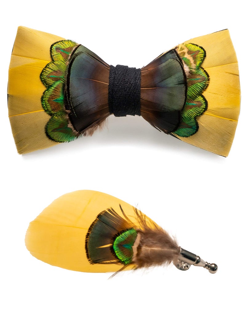 RBOCOTT Handmade Feather Pre-tied Yellow Bow tie and Brooch Sets for Men (15) - Image 1