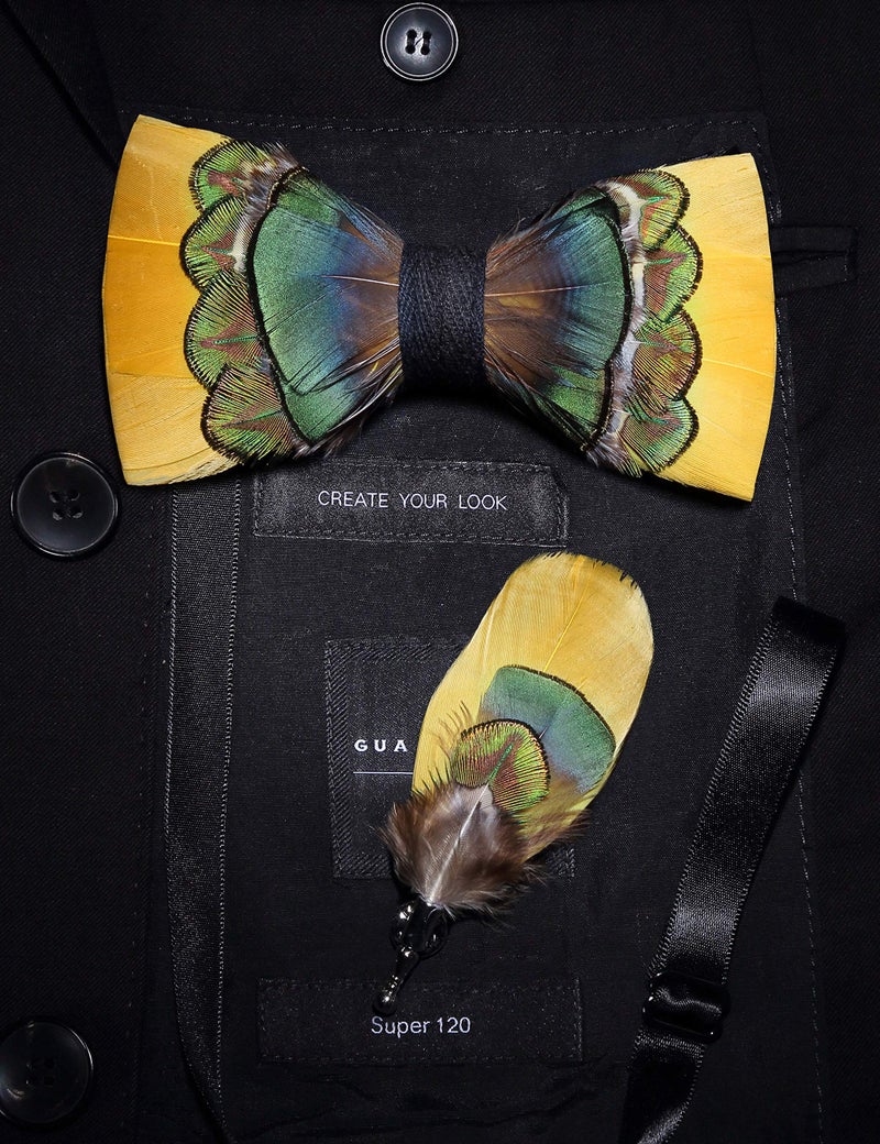 RBOCOTT Handmade Feather Pre-tied Yellow Bow tie and Brooch Sets for Men (15) - Image 3