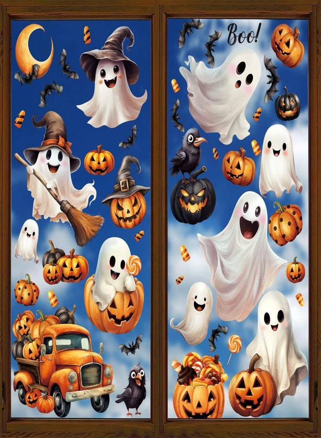 LOAVER 8 Sheets Halloween Ghost Window Cling Stickers,Spooky Ghost Pumpkin Bat Boo Window Clings for Halloween Fall Party Indoor Glass Decor - Image 1