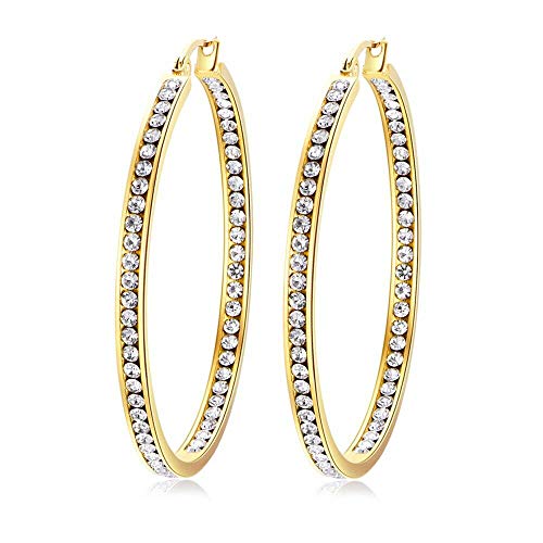 CiNily Gold Hoop Earrings for Women Yellow Gold Plated Stainless Steel Cubic Zirconia Ladies Large Big Hoop Earrings 2" - Image 1