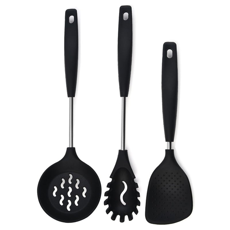 P-Plus International ملعقة نودلز سيليكون سباجيتي من P-Plus الدولية - ملعقة باستا - ملعقة أرز غير لاصقة - ملعقة خدمة - مصفاة عميقة - ملعقة طهي (طقم من 3، أسود) - Image 1