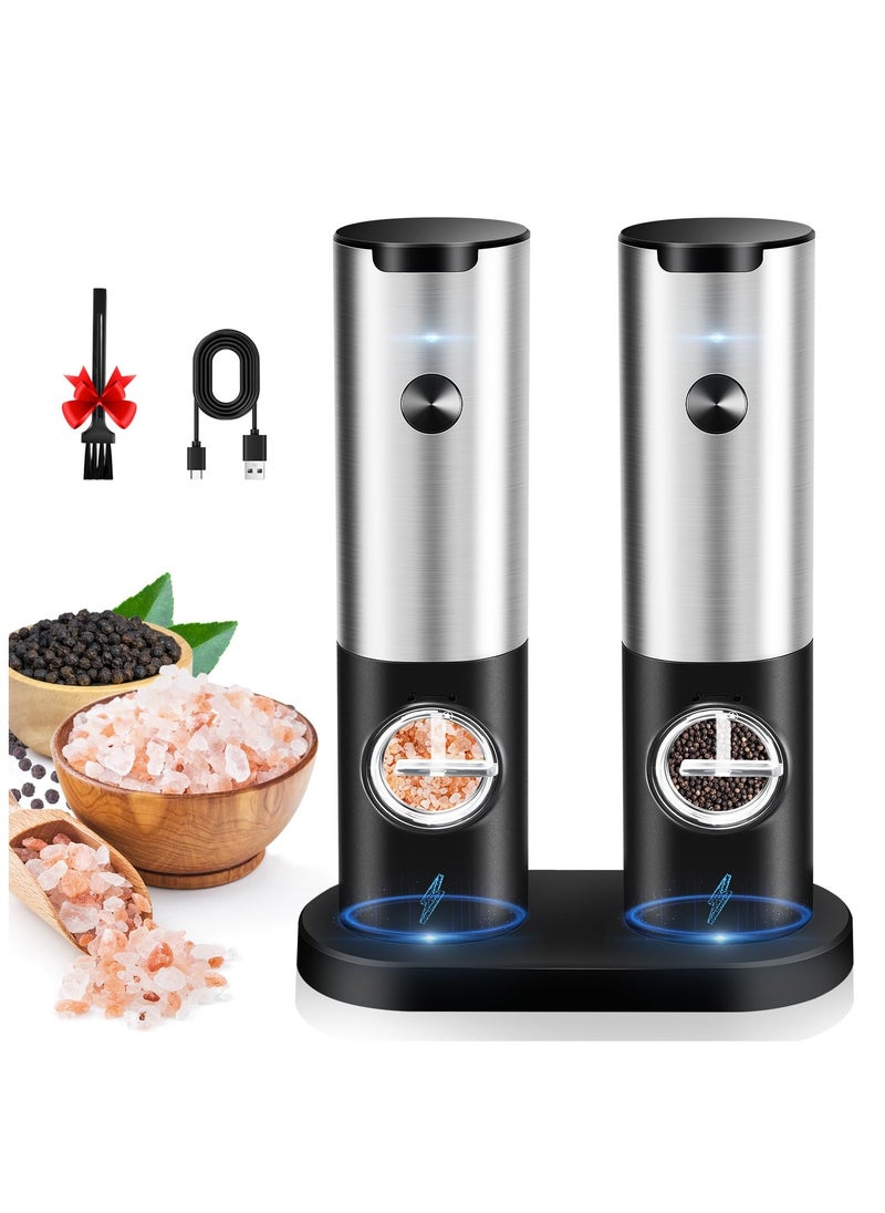 ZLH HITY Electric Salt and Pepper Grinder Set: Leap Fit Rechargeable Pepper Mills with Adjustable Coarseness - Automatic Battery Operated Spices Shaker with LED Light in Stainless Steel  - Image 1