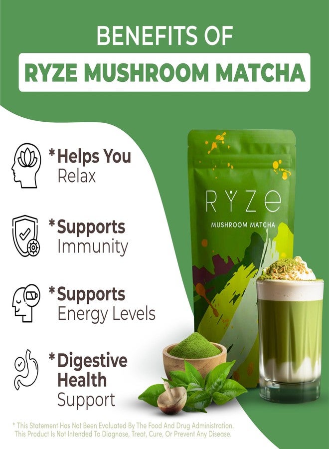 RYZE SUPERFOODS Mushroom Matcha Starter Kit, USDA Organic with 6 Adaptogenic Mushrooms and Ceremonial-Grade Matcha, Energy, Focus, Digestion, Immunity with Turkey Tail, Shiitake, Reishi, 60 servings - Image 2