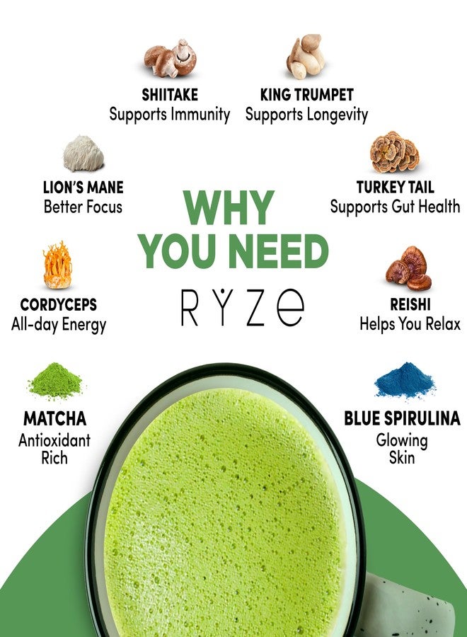 RYZE SUPERFOODS Mushroom Matcha Starter Kit, USDA Organic with 6 Adaptogenic Mushrooms and Ceremonial-Grade Matcha, Energy, Focus, Digestion, Immunity with Turkey Tail, Shiitake, Reishi, 60 servings - Image 3