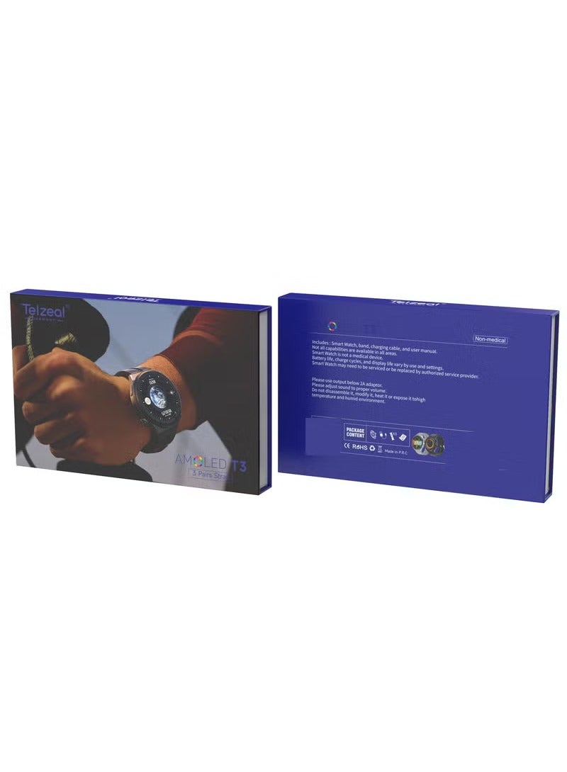 Telzeal AMOLED T3 Round Shape Large Screen Display Smart Watch With 3 Pair Straps and Wireless Charger For Ladies and Gents - Image 3