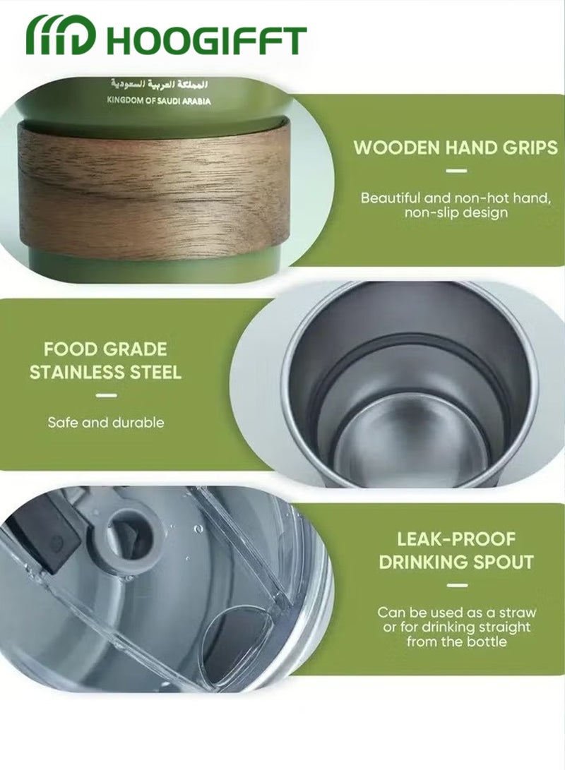 HOOGIFFT 304 Stainless Steel Cold Drink Mug - Saudi Logo Design, Portable Coffee Mug for Hot and Cold Drinks, Includes Straw and Heat Resistant Lid for Home and Outdoor Camping (Army Green, 300ml) - Image 3