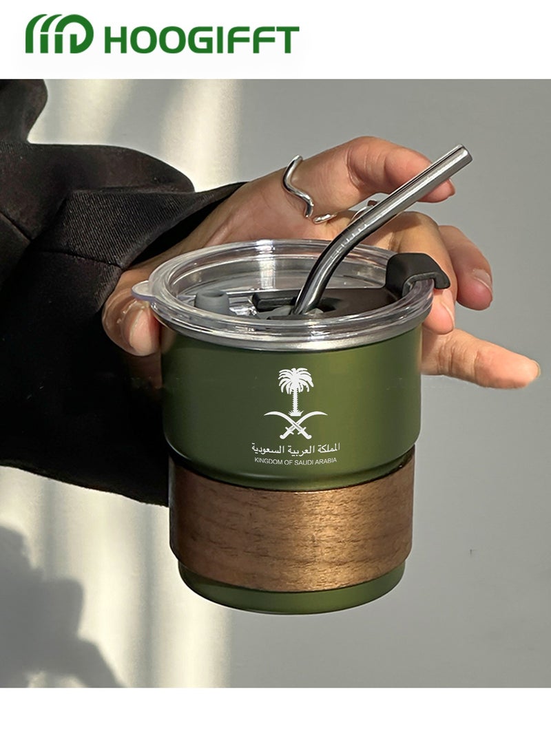 HOOGIFFT 304 Stainless Steel Cold Drink Mug - Saudi Logo Design, Portable Coffee Mug for Hot and Cold Drinks, Includes Straw and Heat Resistant Lid for Home and Outdoor Camping (Army Green, 300ml) - Image 1