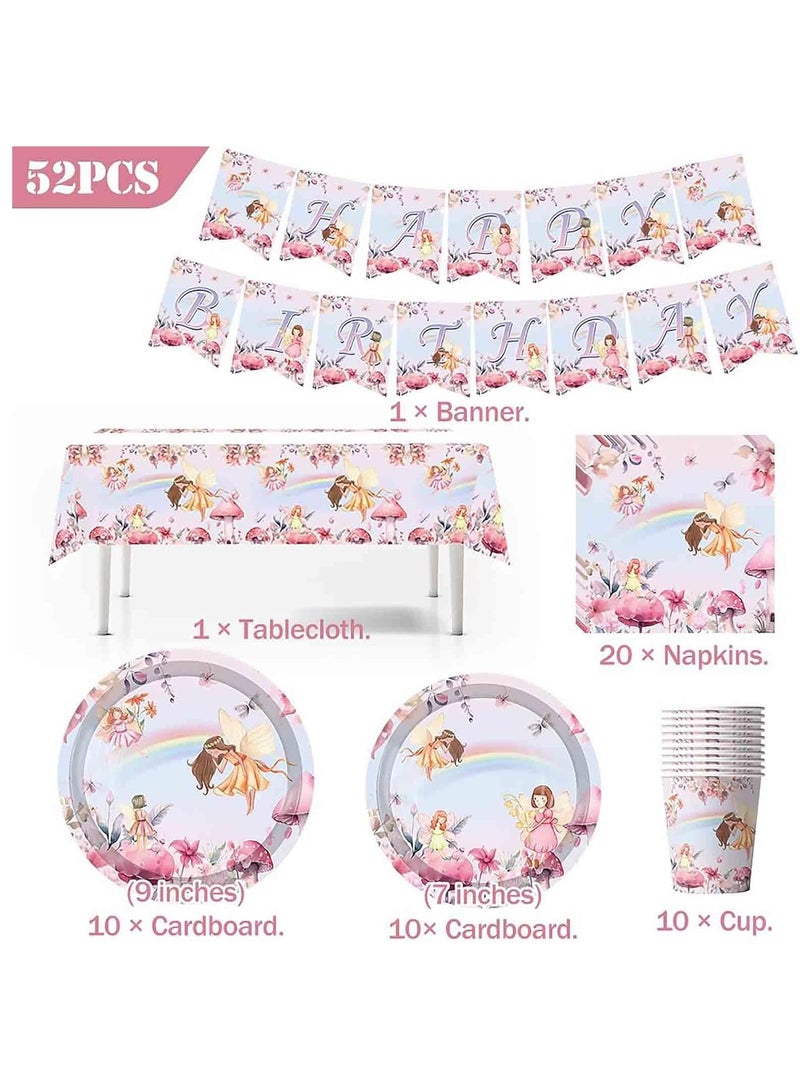 Fairy Party Decorations, Fairy Tableware, Butterfly Birthday Party Tableware, Fairy Party Tablecloth, Fairy Plates, and Napkins, for Fairy Garden Flower Girls Birthday Party Supplies(52pcs)
