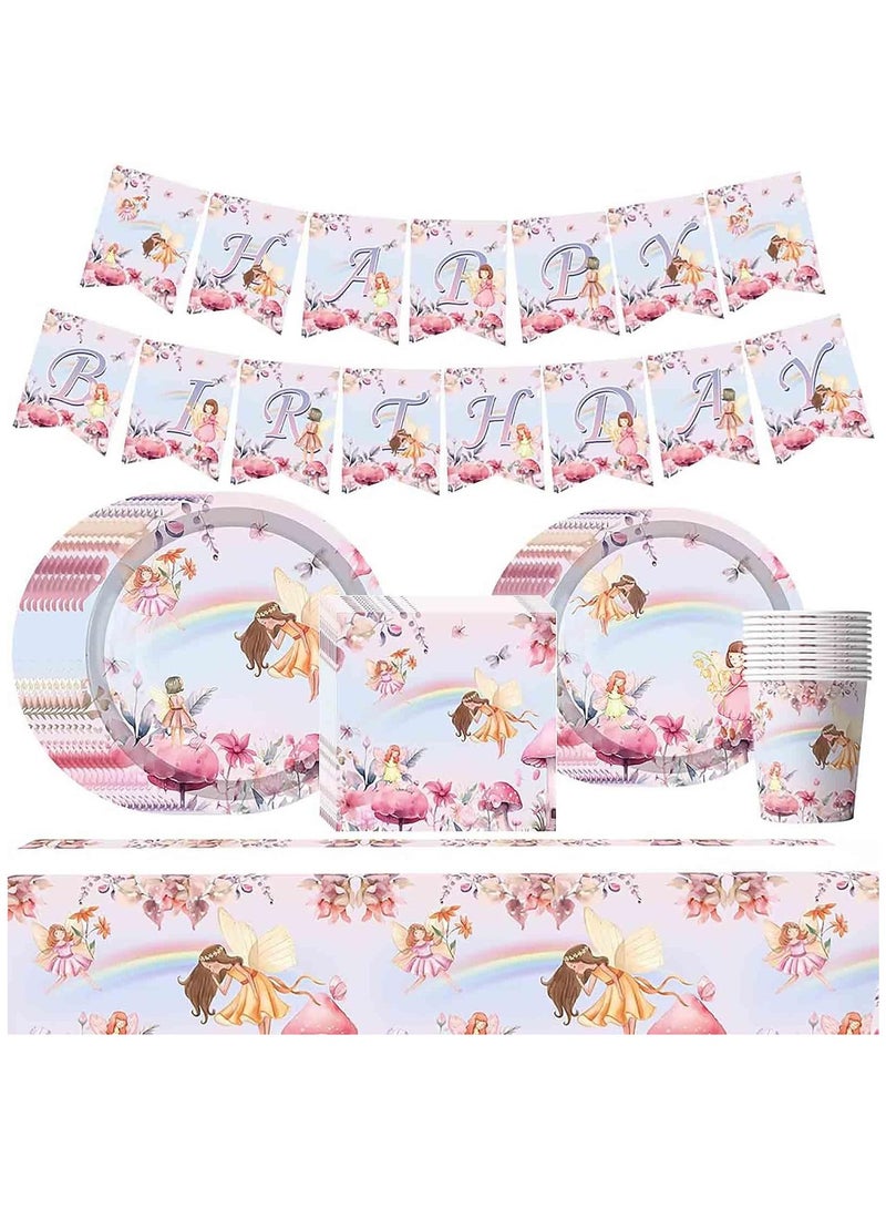 Fairy Party Decorations, Fairy Tableware, Butterfly Birthday Party Tableware, Fairy Party Tablecloth, Fairy Plates, and Napkins, for Fairy Garden Flower Girls Birthday Party Supplies(52pcs)