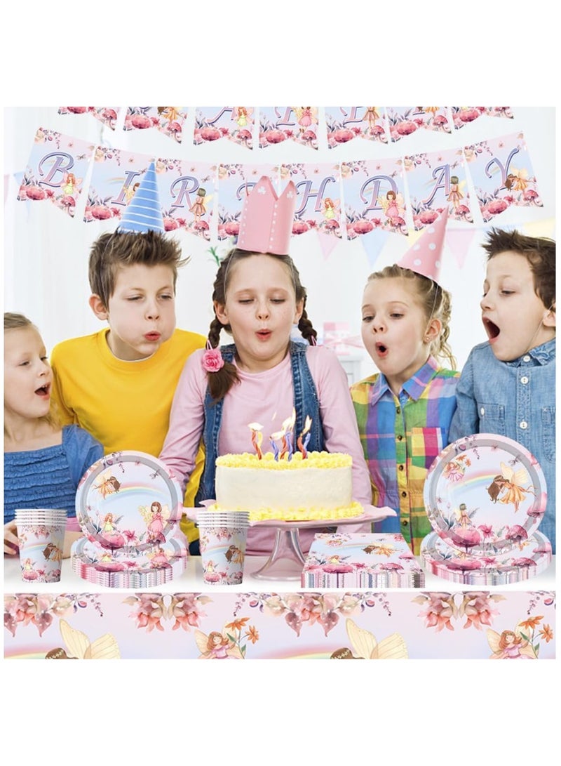 Fairy Party Decorations, Fairy Tableware, Butterfly Birthday Party Tableware, Fairy Party Tablecloth, Fairy Plates, and Napkins, for Fairy Garden Flower Girls Birthday Party Supplies(52pcs)