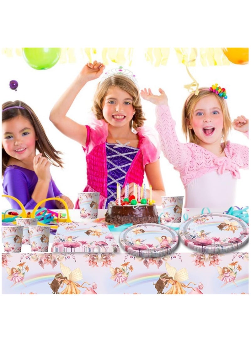 Fairy Party Decorations, Fairy Tableware, Butterfly Birthday Party Tableware, Fairy Party Tablecloth, Fairy Plates, and Napkins, for Fairy Garden Flower Girls Birthday Party Supplies(52pcs)