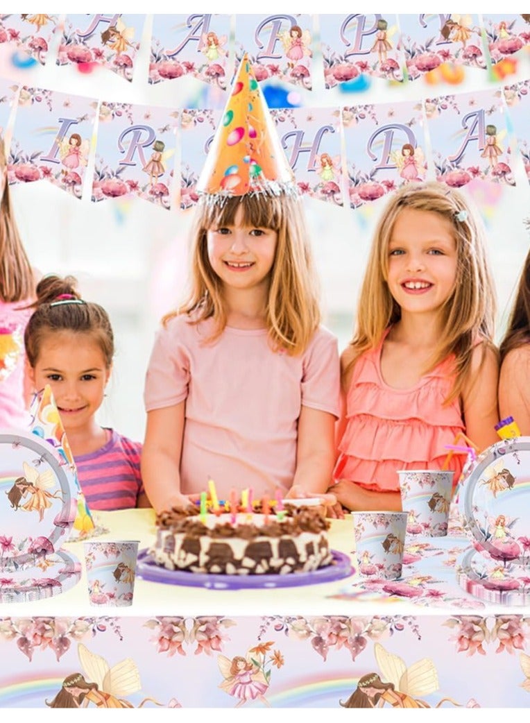 Fairy Party Decorations, Fairy Tableware, Butterfly Birthday Party Tableware, Fairy Party Tablecloth, Fairy Plates, and Napkins, for Fairy Garden Flower Girls Birthday Party Supplies(52pcs)