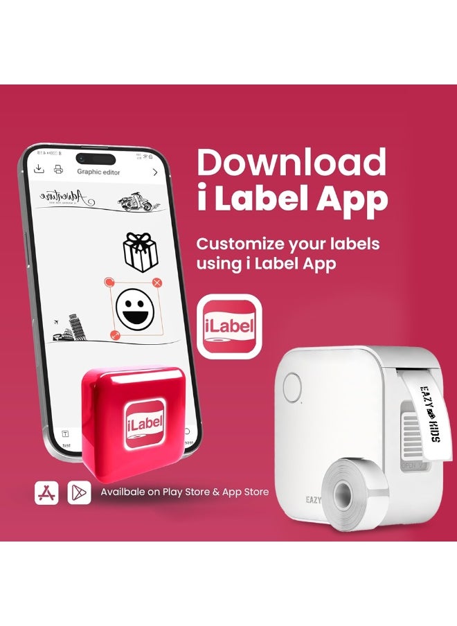 Eazy Kids Eazy Kids Mini Label Maker Printer with 180 Labels Roll, Smart App Control for Home, Office, School - White  - Image 5