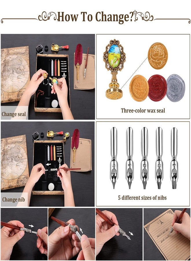 CALIYO Feather Quill Pen, Calligraphy Wood Dip Pen, Retro Quill Pen and Ink Set and Gift Writing Stamp Set.with Pen Holder,Ink,Wax Seal,Tea Wax,Melting Spoon, Envelope Opening Tool and 5 Pen Nibs(Red) - Image 4