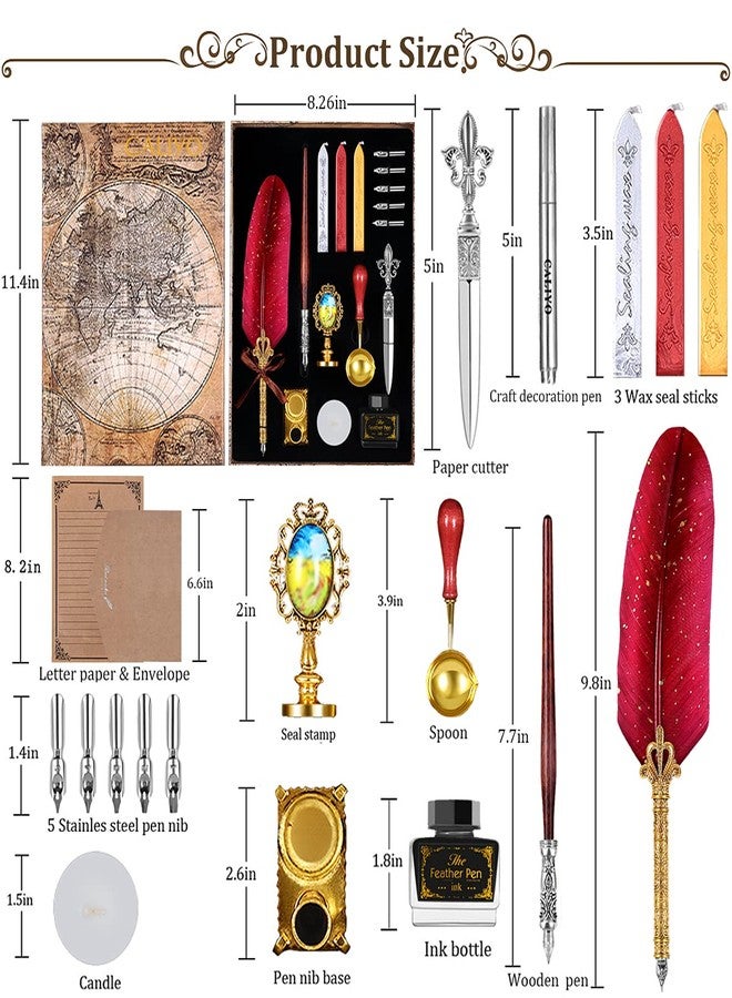 CALIYO Feather Quill Pen, Calligraphy Wood Dip Pen, Retro Quill Pen and Ink Set and Gift Writing Stamp Set.with Pen Holder,Ink,Wax Seal,Tea Wax,Melting Spoon, Envelope Opening Tool and 5 Pen Nibs(Red) - Image 2