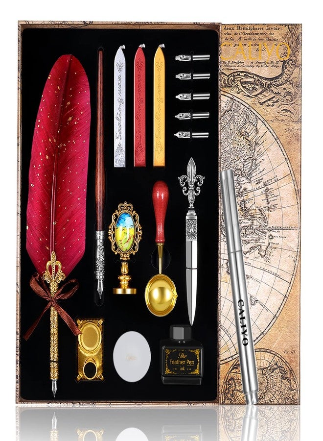 CALIYO Feather Quill Pen, Calligraphy Wood Dip Pen, Retro Quill Pen and Ink Set and Gift Writing Stamp Set.with Pen Holder,Ink,Wax Seal,Tea Wax,Melting Spoon, Envelope Opening Tool and 5 Pen Nibs(Red) - Image 1