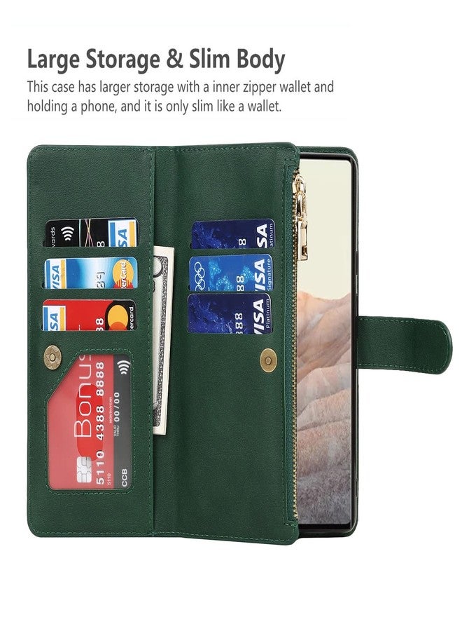 iCoverCase for Google Pixel 6 Wallet Case with Card Holder, Kickstand Feature PU Leather Case with Adjustable Crossbody Lanyard Magnetic Clasp Zipper Pocket Flip Cover (Green) - Image 4