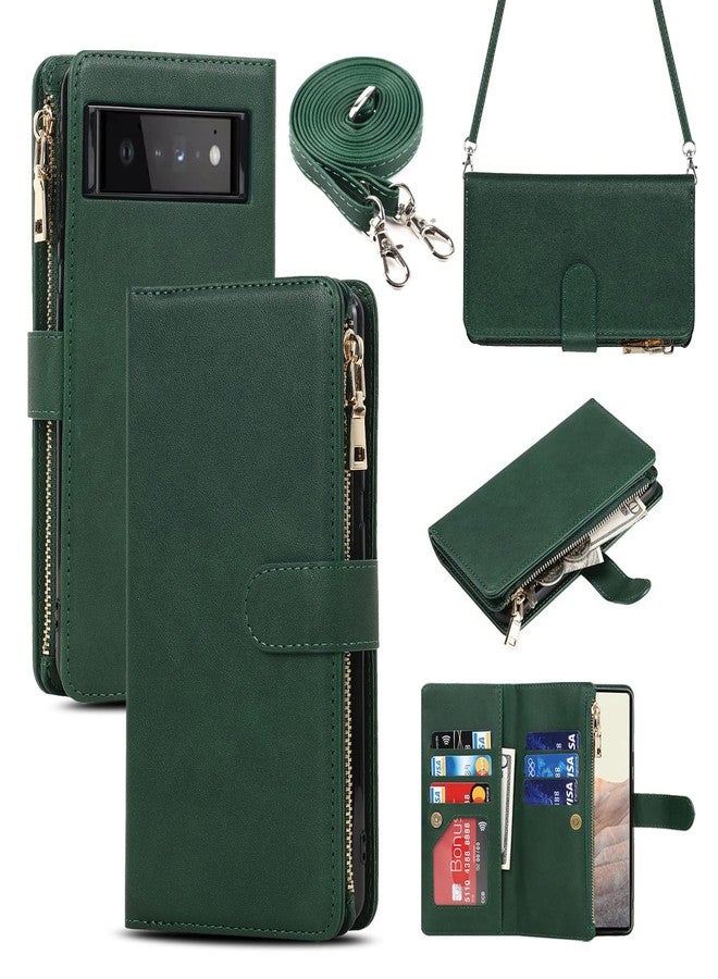iCoverCase for Google Pixel 6 Wallet Case with Card Holder, Kickstand Feature PU Leather Case with Adjustable Crossbody Lanyard Magnetic Clasp Zipper Pocket Flip Cover (Green) - Image 1