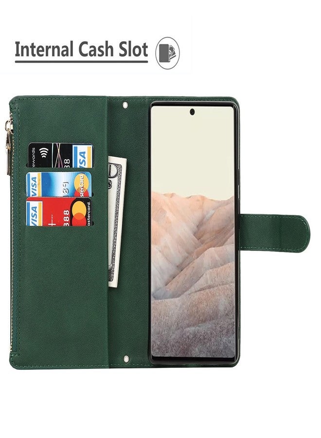 iCoverCase for Google Pixel 6 Wallet Case with Card Holder, Kickstand Feature PU Leather Case with Adjustable Crossbody Lanyard Magnetic Clasp Zipper Pocket Flip Cover (Green) - Image 5