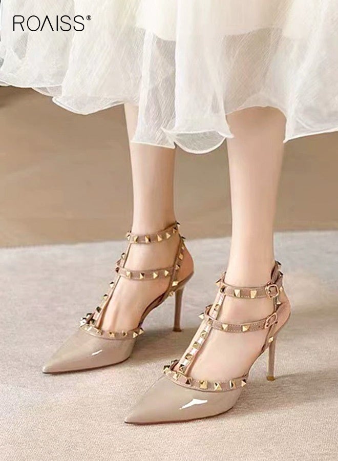 رويس حذاء نسائي بكعب منخفض، حذاء بكعب مدبب بطول 8 سم، حذاء أنيق وعصري للسيدات، صندل أنيق بكعب مع تصميم برشام، مثالي للحفلات والزفاف والمواعيد وغيرها. - Image 2