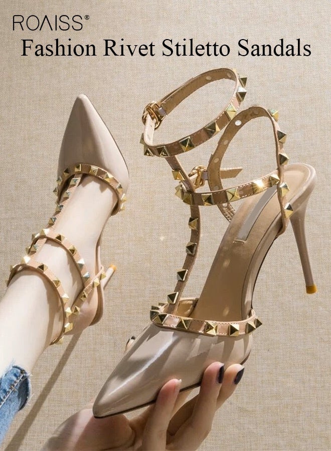 رويس حذاء نسائي بكعب منخفض، حذاء بكعب مدبب بطول 8 سم، حذاء أنيق وعصري للسيدات، صندل أنيق بكعب مع تصميم برشام، مثالي للحفلات والزفاف والمواعيد وغيرها. - Image 3