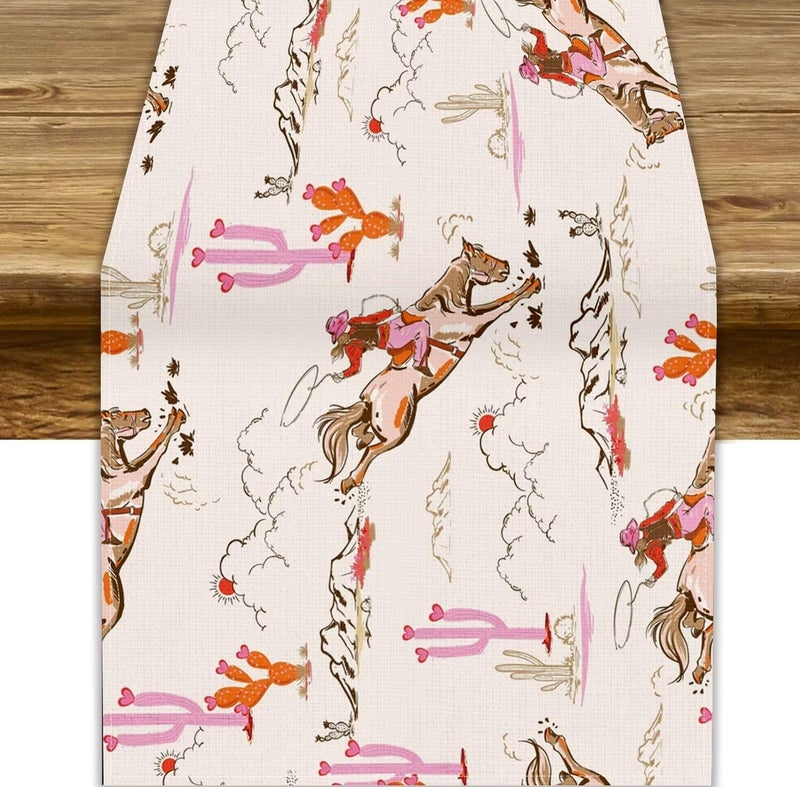 JanJCurt Western Cowgirl Table Runner, Wild West Cowboy Boots Pink Desert Cactus Landscape Print Table Runner for Indoor Outdoor Dinner Party Decor, 13x36inch - Image 1