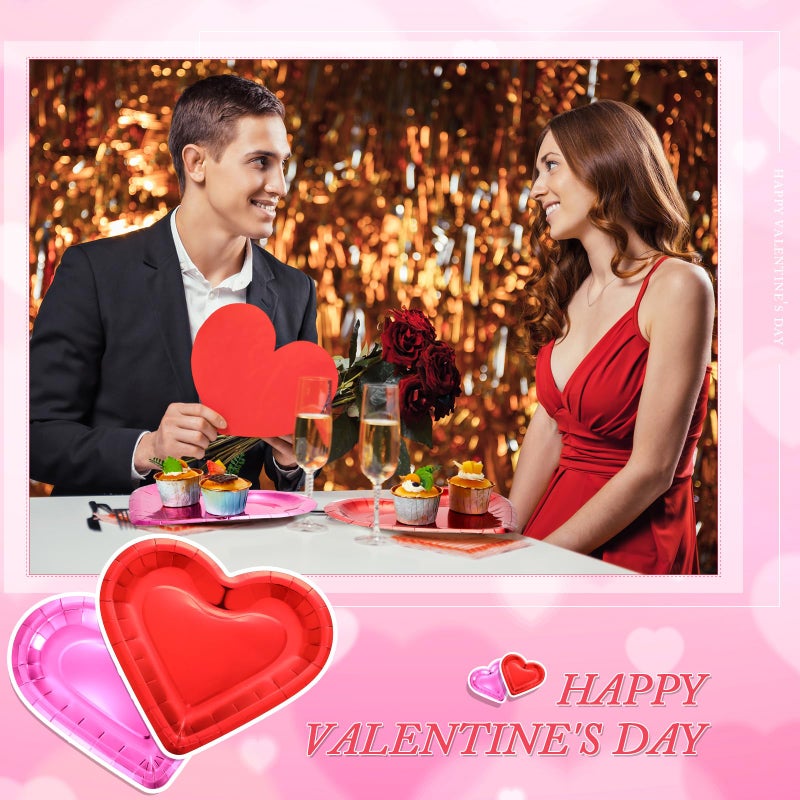 Remerry 100 Pcs Valentine Heart Plates Bulk Shaped Disposable Paper Plates Thick Dinnerware Table Decorative Dessert Dinner Plate for Valentine's Day Wedding Birthday Party Anniversary(Red Pink) - Image 5