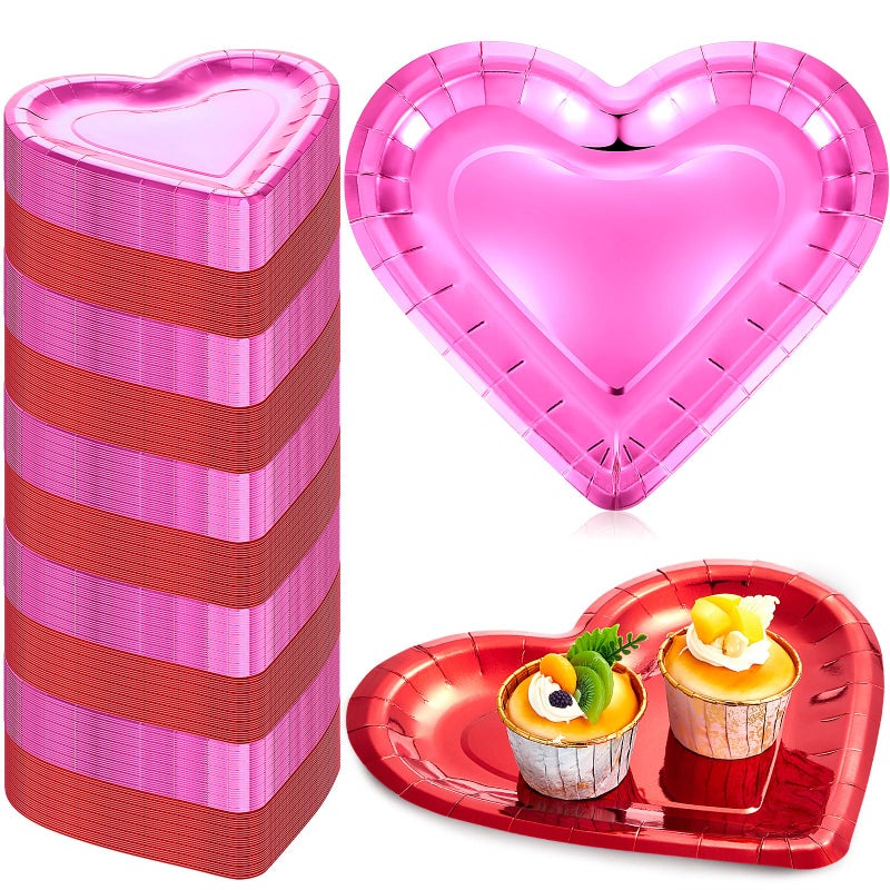 Remerry 100 Pcs Valentine Heart Plates Bulk Shaped Disposable Paper Plates Thick Dinnerware Table Decorative Dessert Dinner Plate for Valentine's Day Wedding Birthday Party Anniversary(Red Pink) - Image 1