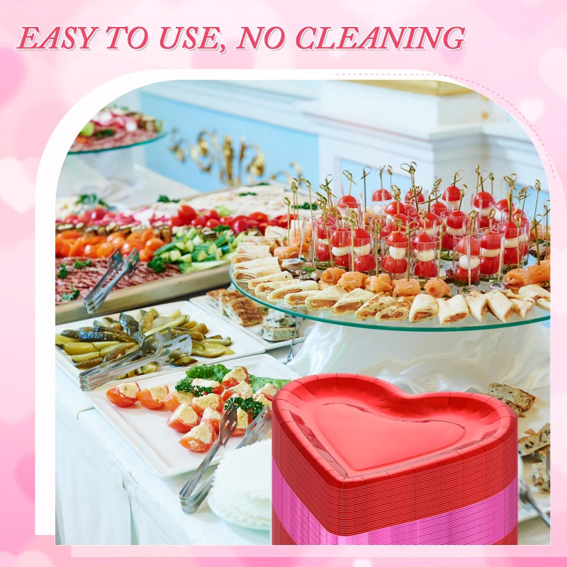 Remerry 100 Pcs Valentine Heart Plates Bulk Shaped Disposable Paper Plates Thick Dinnerware Table Decorative Dessert Dinner Plate for Valentine's Day Wedding Birthday Party Anniversary(Red Pink) - Image 4