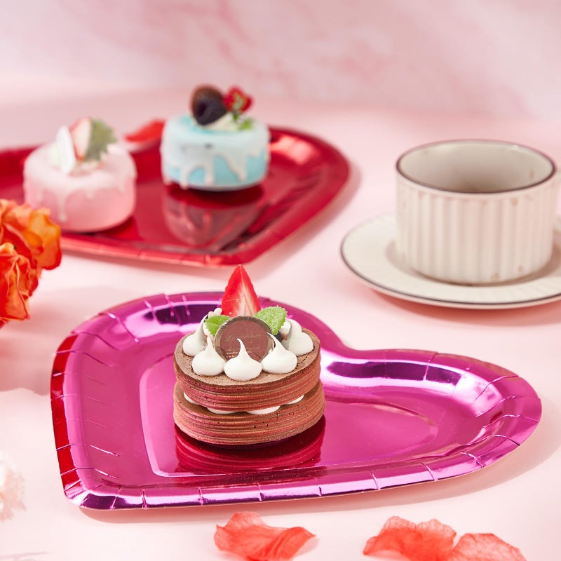 Remerry 100 Pcs Valentine Heart Plates Bulk Shaped Disposable Paper Plates Thick Dinnerware Table Decorative Dessert Dinner Plate for Valentine's Day Wedding Birthday Party Anniversary(Red Pink) - Image 3