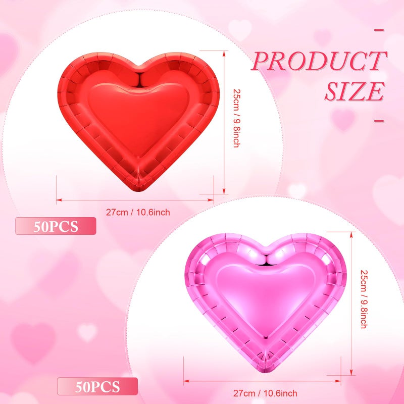 Remerry 100 Pcs Valentine Heart Plates Bulk Shaped Disposable Paper Plates Thick Dinnerware Table Decorative Dessert Dinner Plate for Valentine's Day Wedding Birthday Party Anniversary(Red Pink) - Image 2
