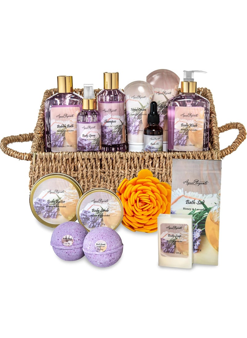 Aqua Elegante Bath Spa Gift Sets - Luxury Basket With Honey & Lavender - Spa Kit Includes Wash, Bubble Bath, Lotion, Bath Salts, Body Scrub, Body Spray, Shower Puff, Bathbombs, Soap and Towel 