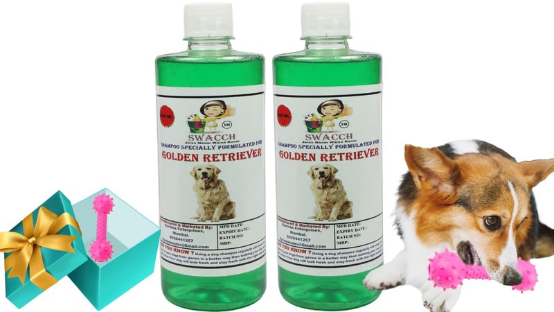 swacch Golden Retriever Dog Shampoo + Dumbbell Toy I Durable Rubber Dog Toy for Chewing I Playing,Teeth Cleaning & Training Toy I Combo Pack I 500ml Pack of 2 Neem Alovera - Image 1