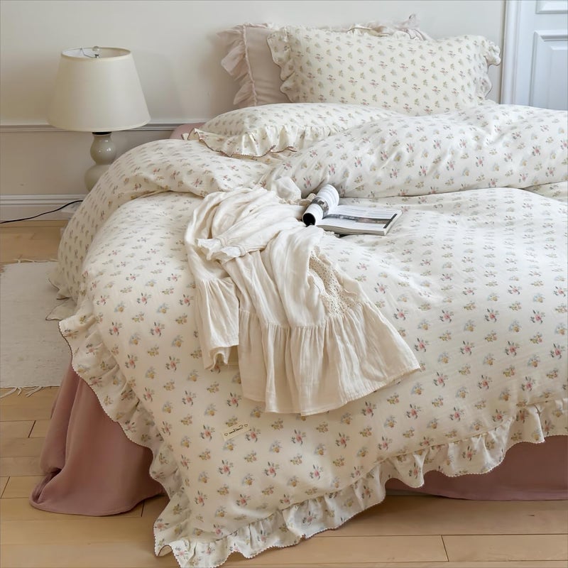 BuLuTu Cotton Muslin Kids Duvet Cover Set Twin Size, Shabby Chic Azalea Floral Comforter Cover with Ruffles, Kids Teens Girls Boys Bedding Set, Soft Lightweight Quilt Cover with 2 Pillowcases - Image 1