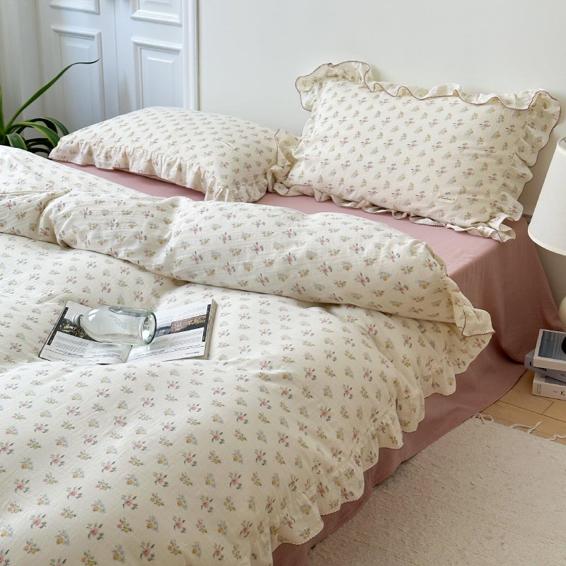 BuLuTu Cotton Muslin Kids Duvet Cover Set Twin Size, Shabby Chic Azalea Floral Comforter Cover with Ruffles, Kids Teens Girls Boys Bedding Set, Soft Lightweight Quilt Cover with 2 Pillowcases - Image 4