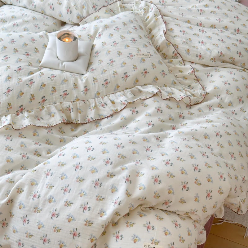 BuLuTu Cotton Muslin Kids Duvet Cover Set Twin Size, Shabby Chic Azalea Floral Comforter Cover with Ruffles, Kids Teens Girls Boys Bedding Set, Soft Lightweight Quilt Cover with 2 Pillowcases - Image 5