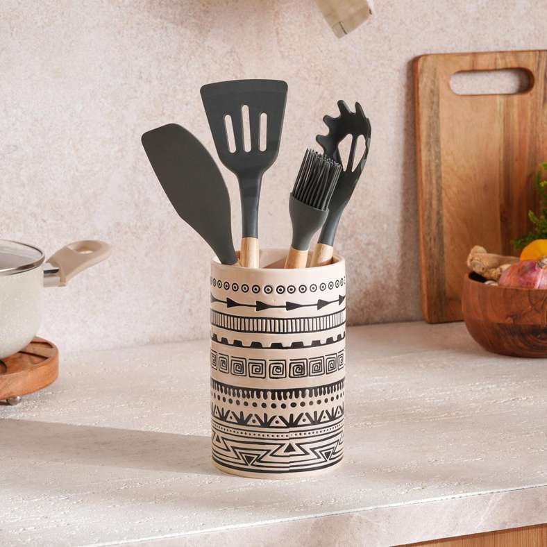 Pan Home Eleni Ethnic Utensil Holder Dia11x17cm -Black & Beige